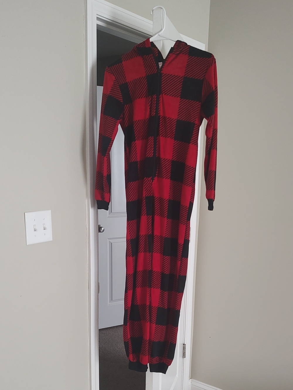 Cat & Jack Red and Black Buffalo Plaid Hooded One-Piece Pajamas